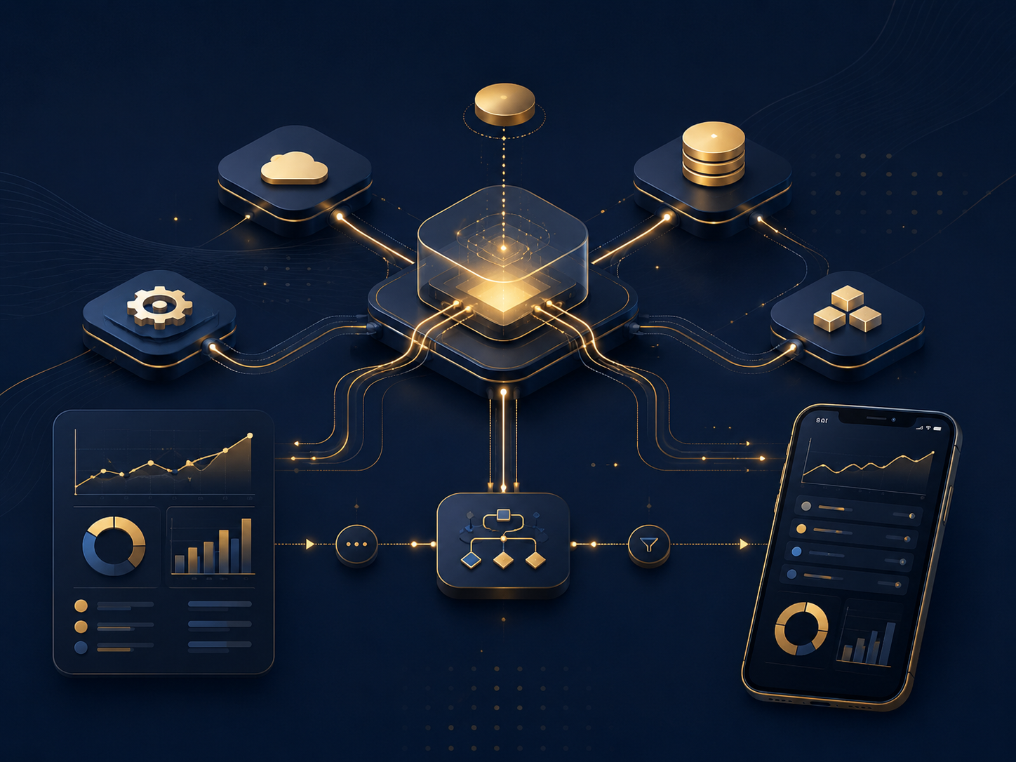 Fluxo de integração, APIs, dashboards e aplicativo mobile